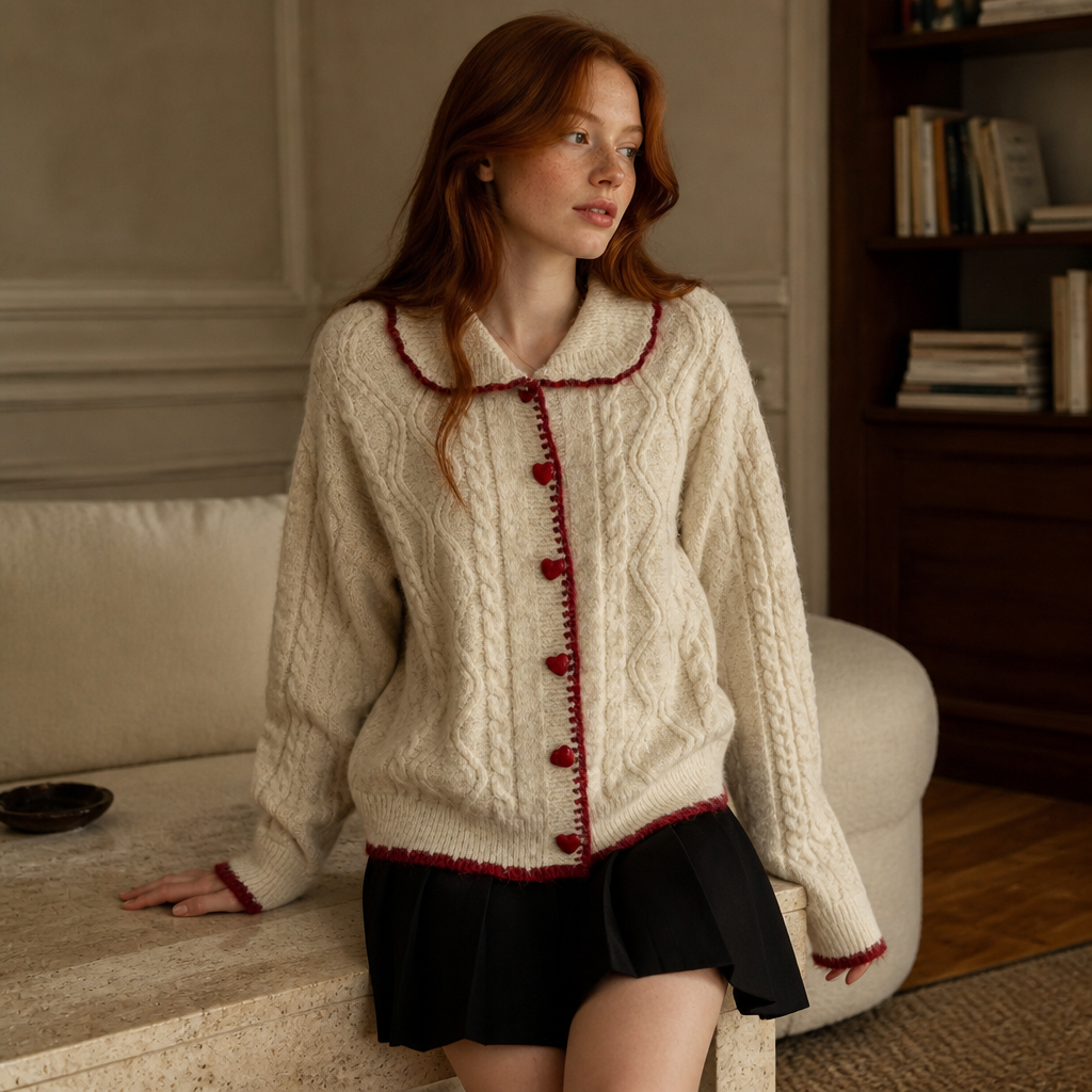 2026 Autumn Winter Retro Love Button Knitted Sweater Women Outer Wear Lazy Style Doll Collar Twist Cardigan Loose Sweater Tops, éditorial