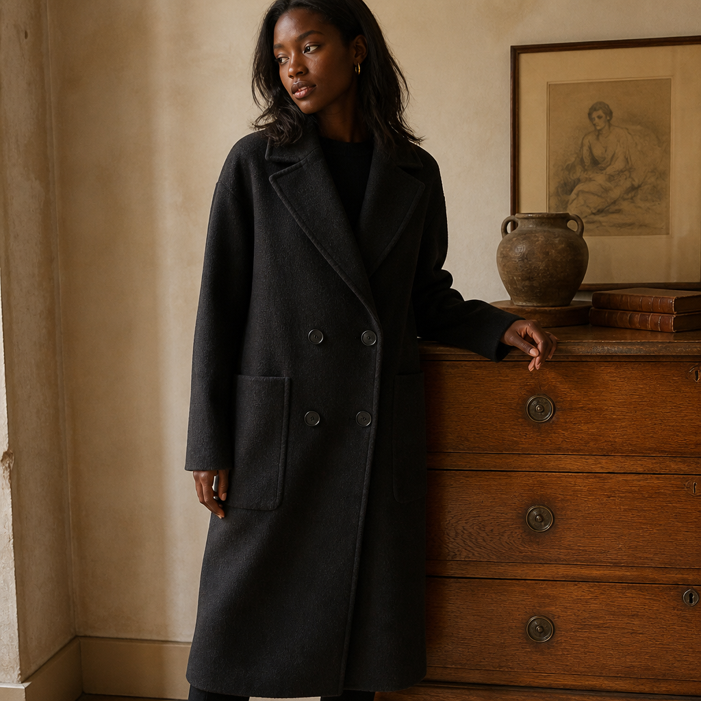 Original high-quality 2026 new style women's double-breasted loose woolen overcoat with 53 wool blend, éditorial