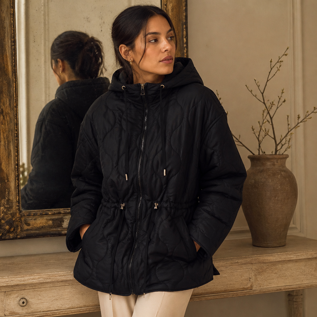 ETJ 2025 winter new women's fashion vertical collar tie up hooded waist quilted jacket light warm loose cotton jacket, éditorial