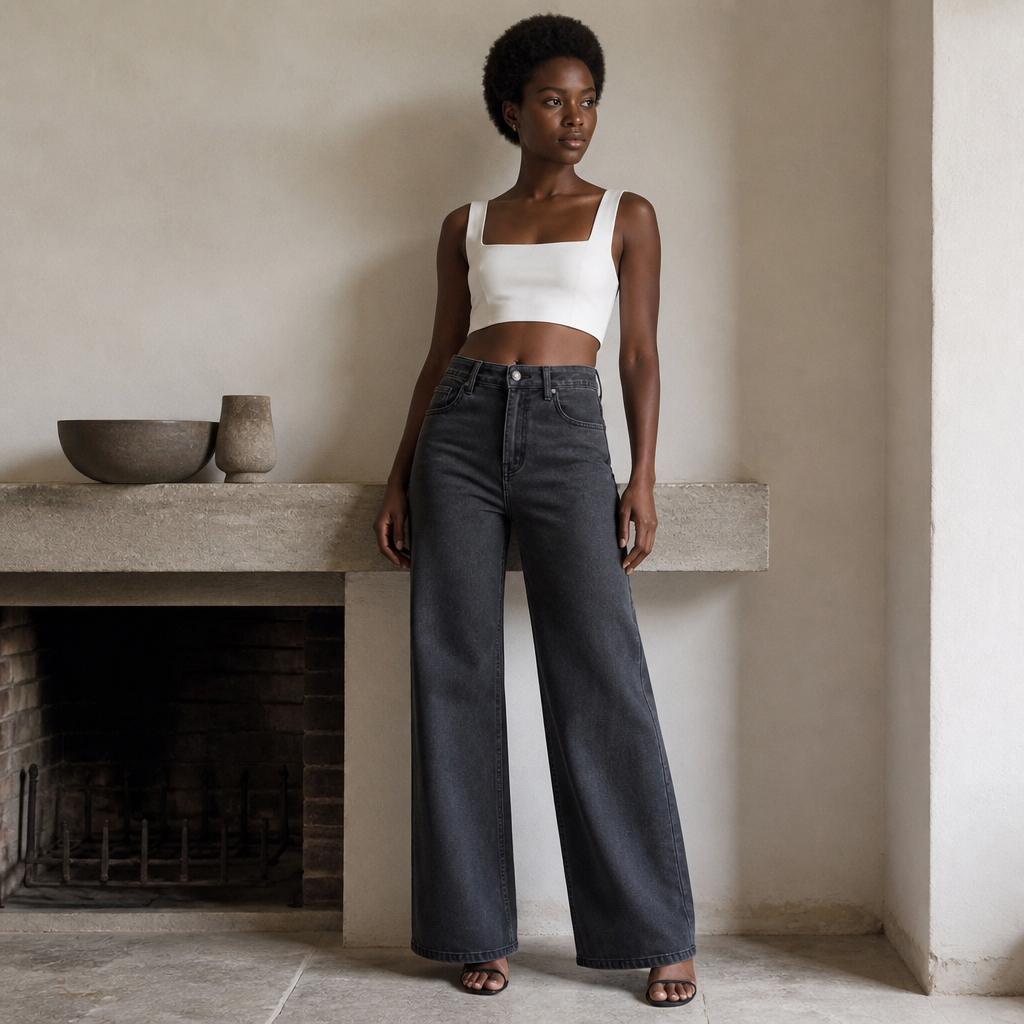 Loose jeans for women, high waist, black ombre vintage wash, casual streetwear wide-leg denim trousers, classic 5-pocket design, Italian sizes XS–XL, sold individually FX1338-5, éditorial