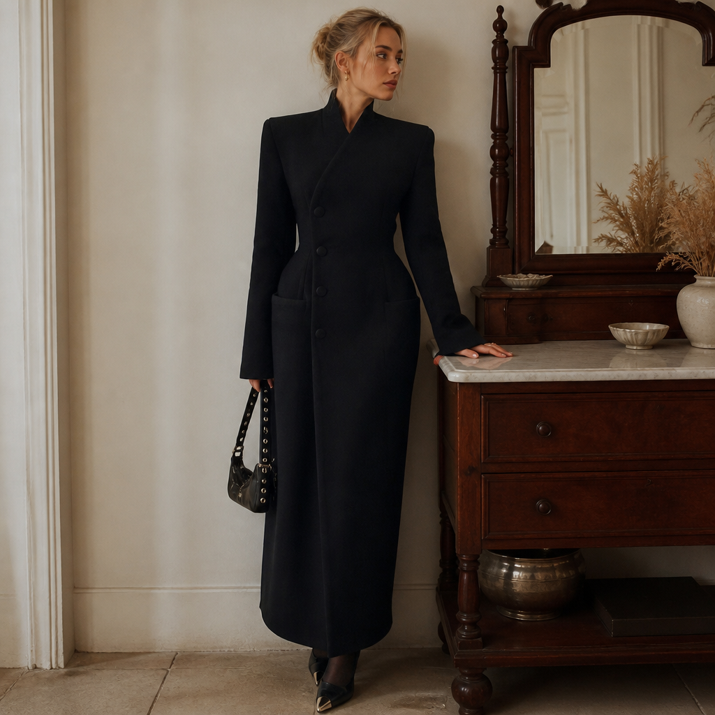 Women's Long Coat Slim V Neck Single Breasted Overcoats Shoulder Pad Maxi Jackets with Belt 2025 New Winter Lady Commute Outwear, éditorial