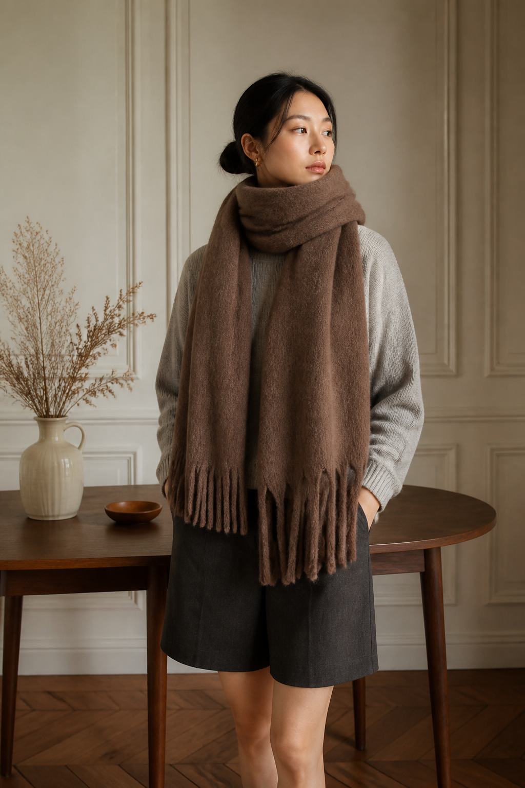Écharpe épaisse marron à franges, éditorial