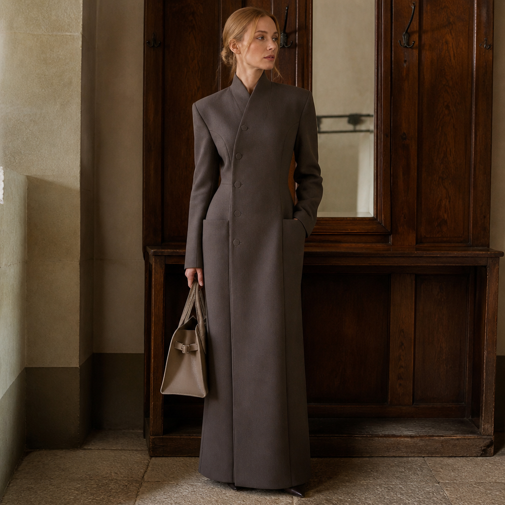 Women's Long Coat Slim V Neck Single Breasted Overcoats Shoulder Pad Maxi Jackets with Belt 2025 New Winter Lady Commute Outwear, éditorial