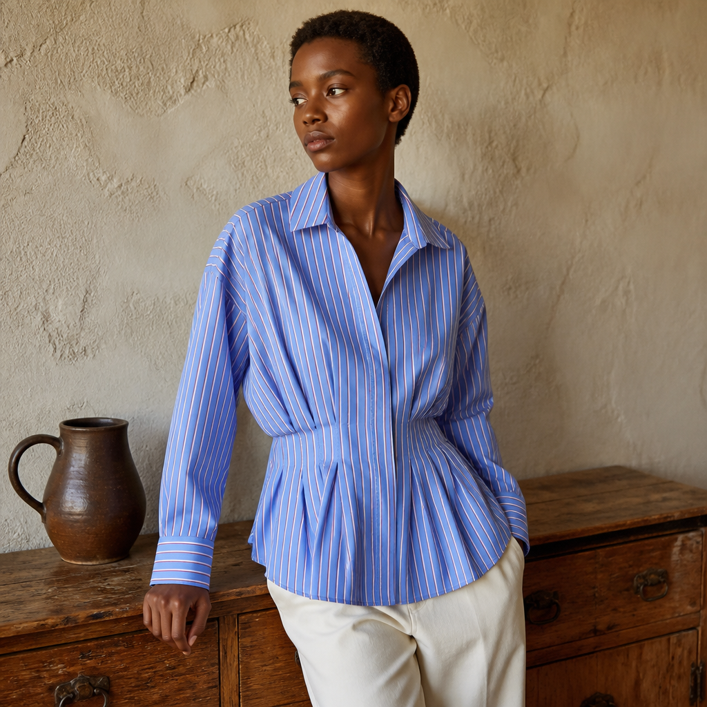 2026 summer new women's casual versatile waist pleated striped poplin lapel long sleeved shirt, éditorial