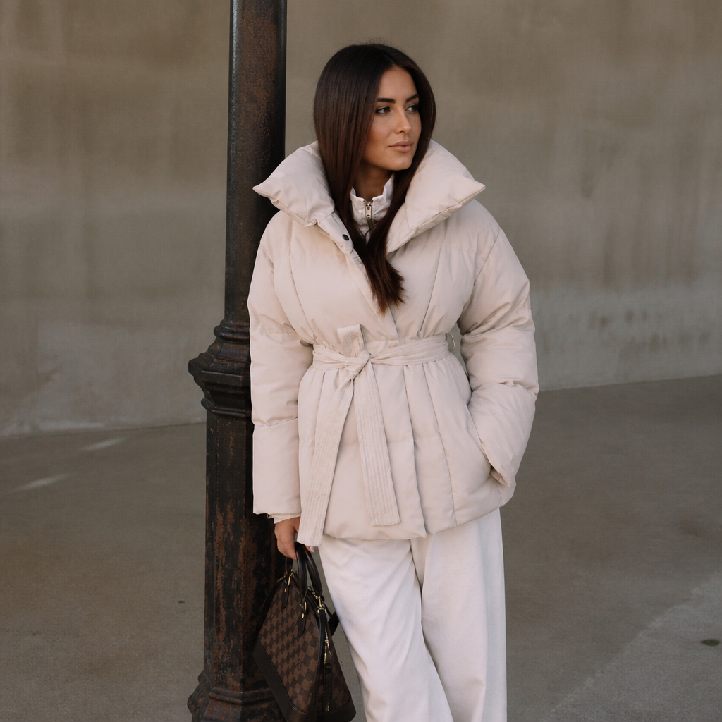 Zekye Down Jacket Warm Waist-cinching Long-sleeve Tied-waist Loose Solid-color Fashionable Women's Winter Jacket Lightweight, éditorial