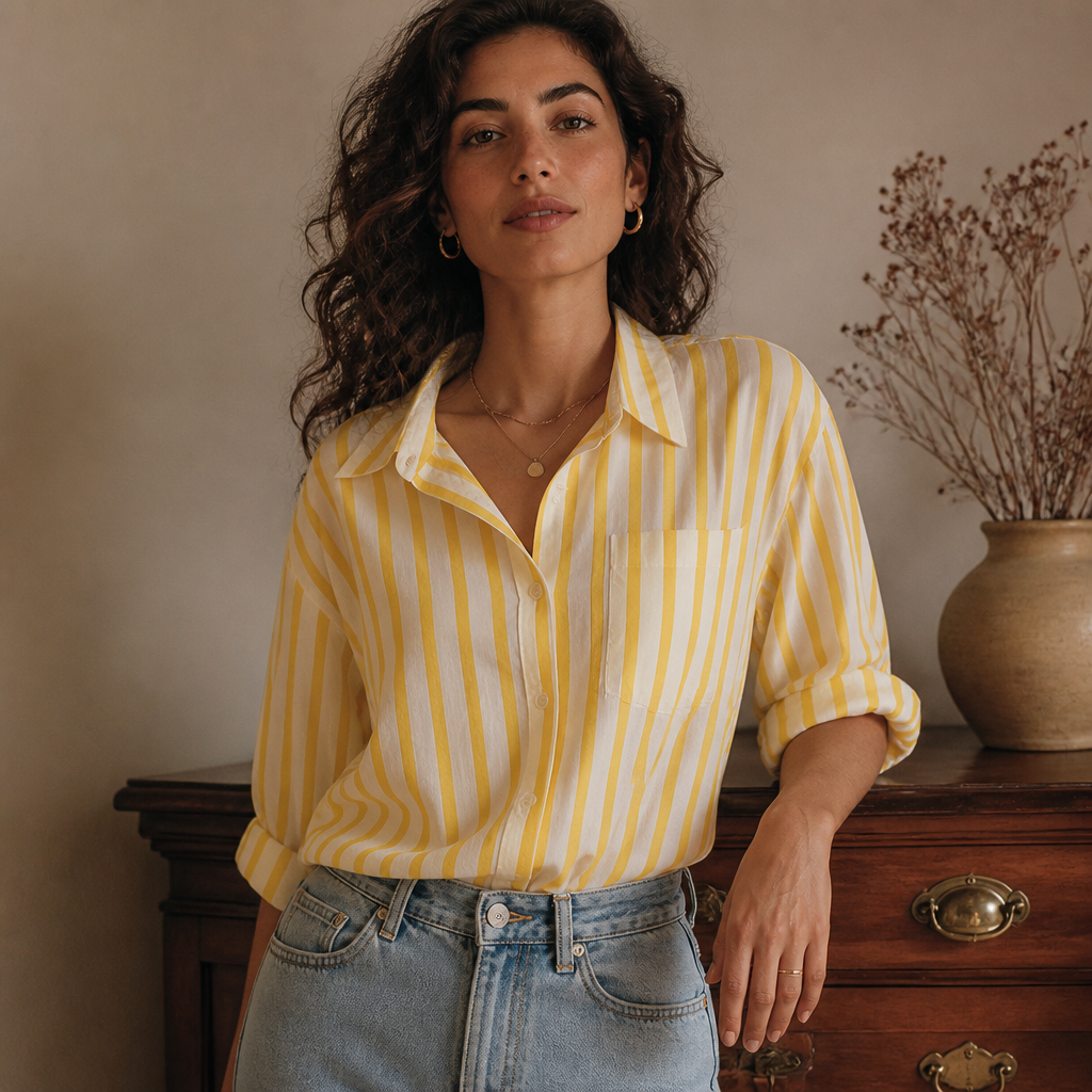 Yellow and white vertical striped shirt women spring and autumn new shirt European casual explosive long-sleeved shirt, éditorial