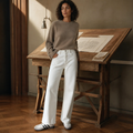 ZHISILAO New Beige Straight Jeans Women Winter Warm High Waist Wide Leg Denim Pants 2023, éditorial