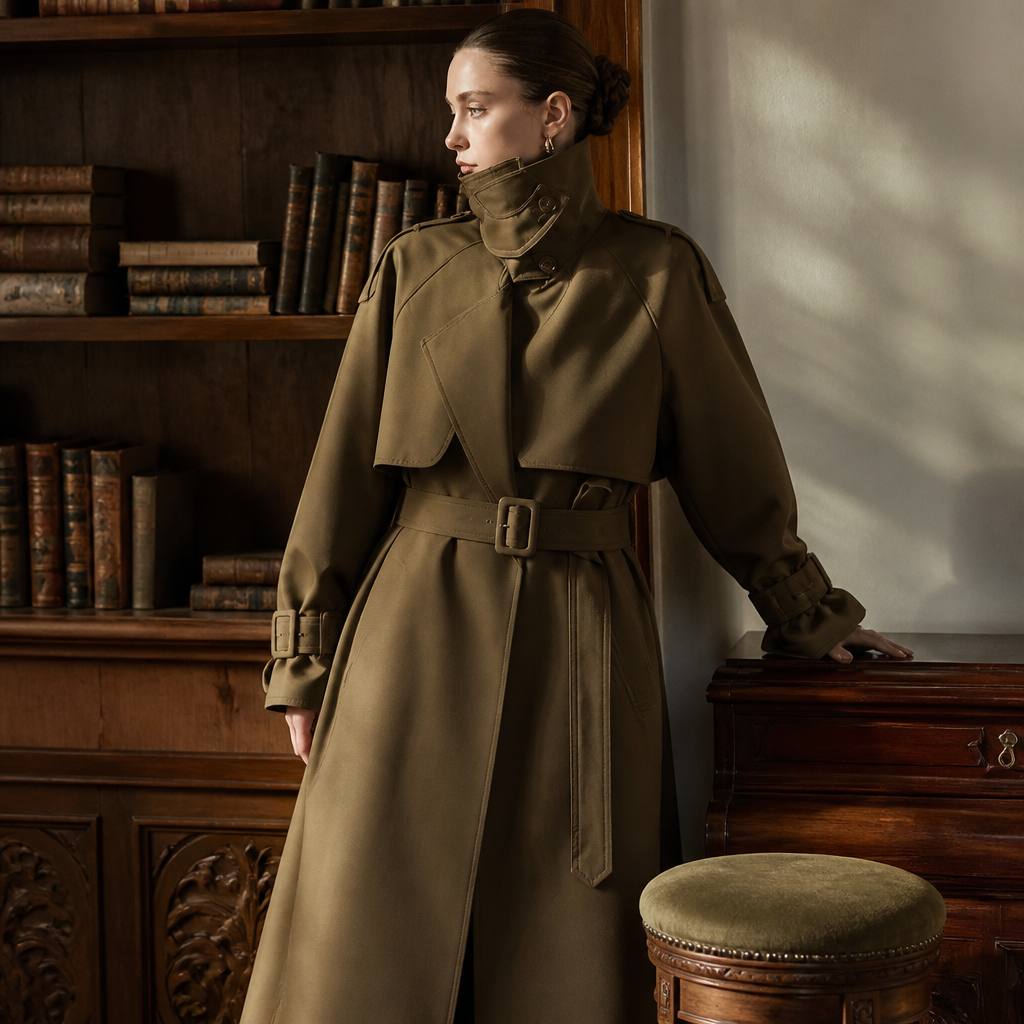 Lautaro Spring Autumn Long Khaki Trench Coat for Women Belt Double Breasted Chic Luxury Designer European Fashion Clothes 2025, éditorial