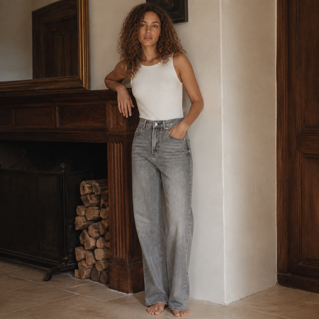 ETJ Wide-leg high-waisted jeans women's classic everything with five pockets washed soft comfortable ultra-long jeans6045022, éditorial