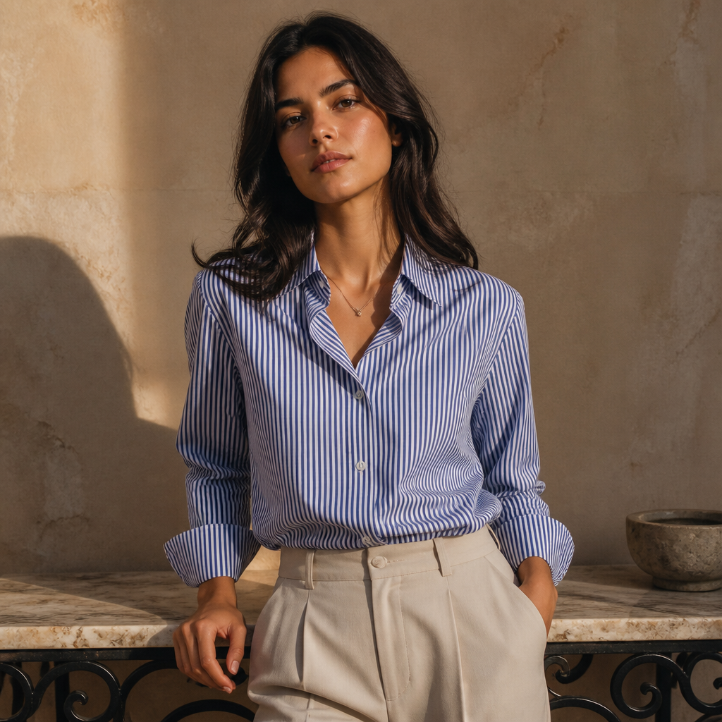 Classic Striped Woman Spring Autumn Blouses Shirt Lady Long Lantern Sleeve Stand Collar Loose Blusas Tops, éditorial