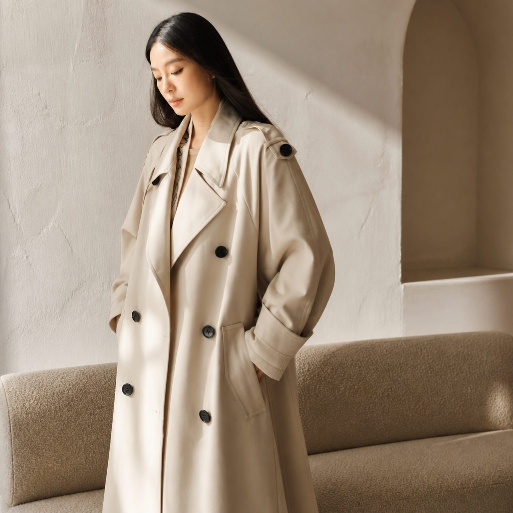 Lautaro Spring Autumn Oversized Khaki Long Grey Trench Coat for Women Double Breasted Loose Casual Korean Fashion Overcoat 2024, éditorial