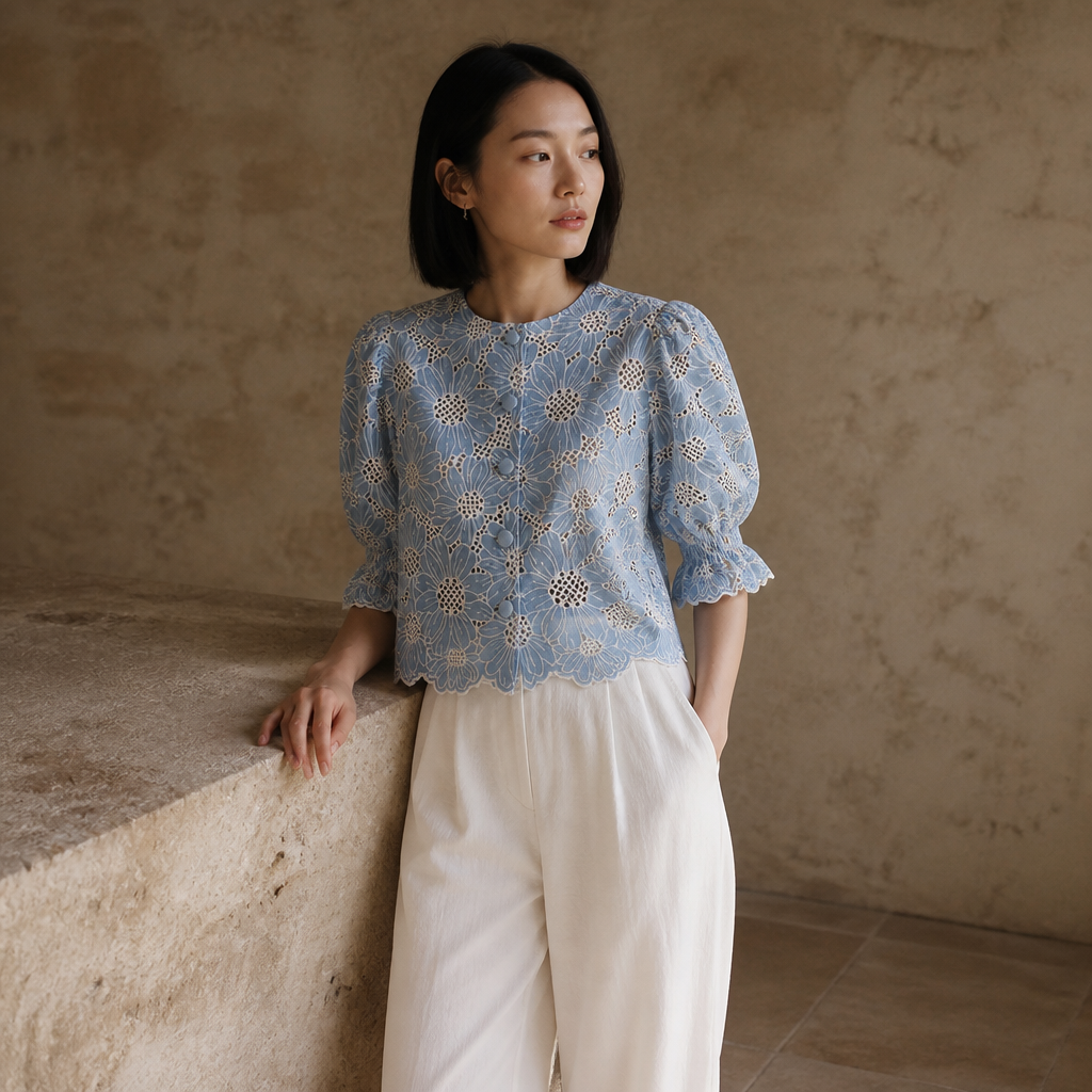 Oymimi Fashion Blue Print Women's Shirt Elegant O-Neck Hollow Out Half Sleeve Shirts Summer Autumn Single Breasted Cotton Shirts, éditorial