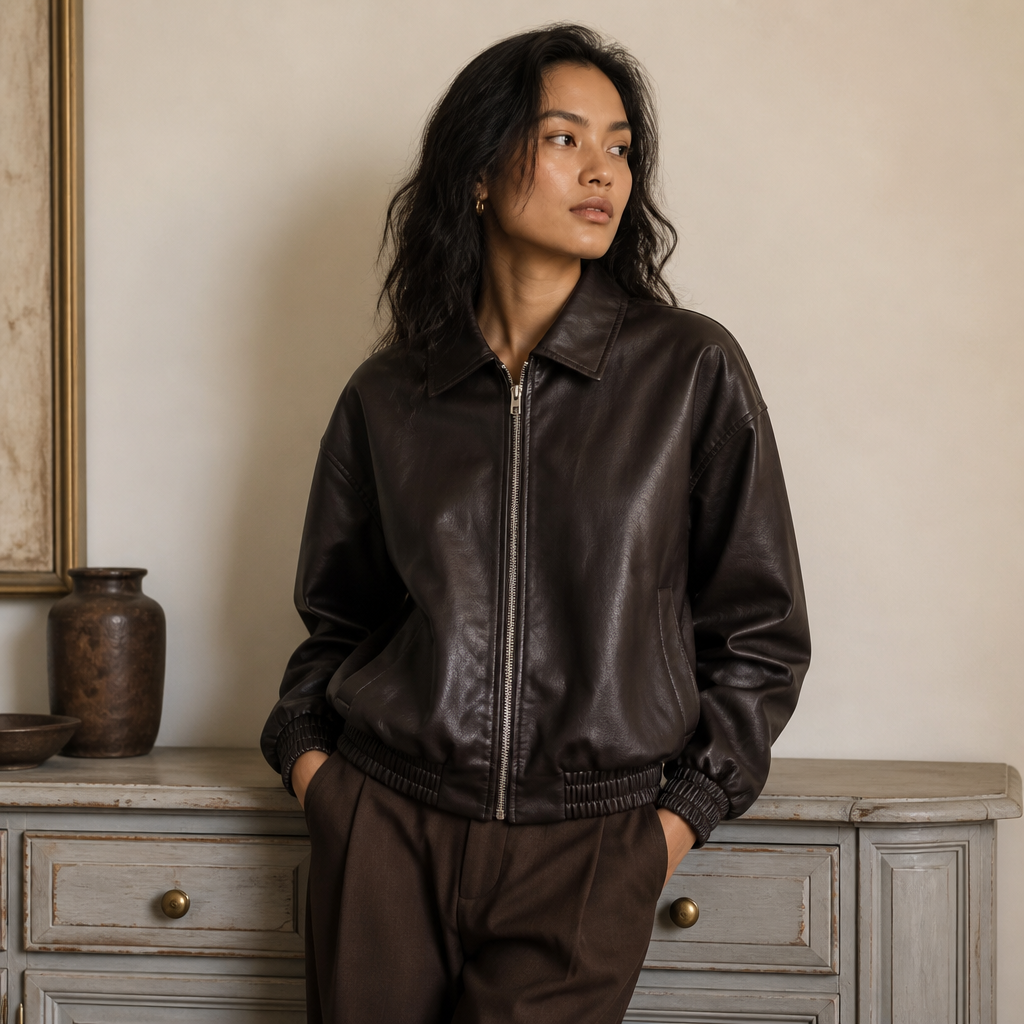 Vintage PU Leather Bomber Jackets 2025 Autumn New Ladies Zipper Lapel Long Sleeve Pocket Coat Brand Women's Loose Streetwear Hot, éditorial