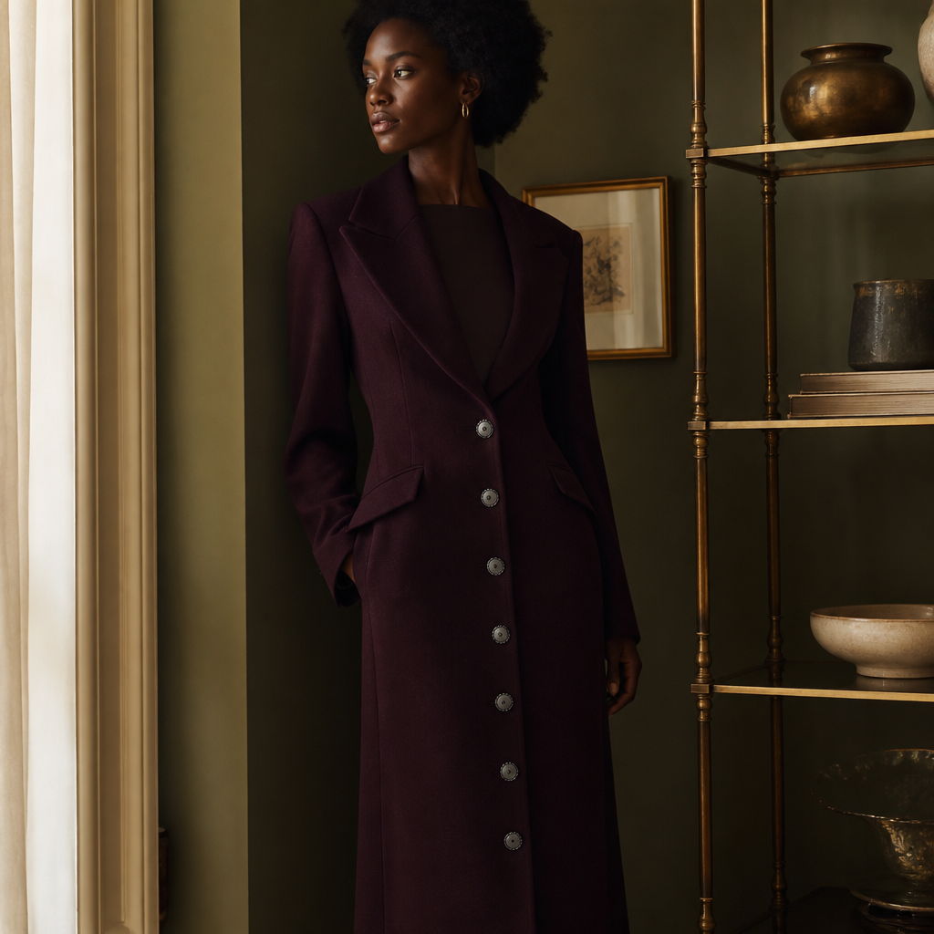 Women's Long Coat Slim V Neck Single Breasted Overcoats Shoulder Pad Maxi Jackets with Belt 2025 New Winter Lady Commute Outwear, éditorial