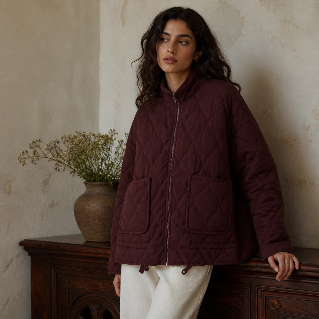 Women's Polyester Padded Jacket 2026New Arrival Vintage Lenzing Rayon High Collar Large Pocket Decorative Quilted Coat for Women, éditorial