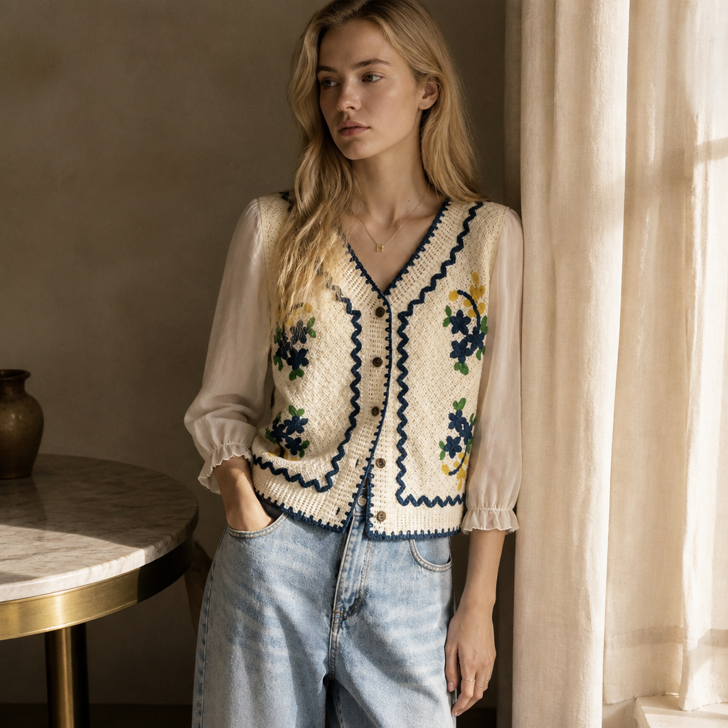 Flower Embroidery Crochet Blouse with Chiffon Sleeve Button Front Cardigan Top Women Spring Summer Fairycore Cottagecore, éditorial