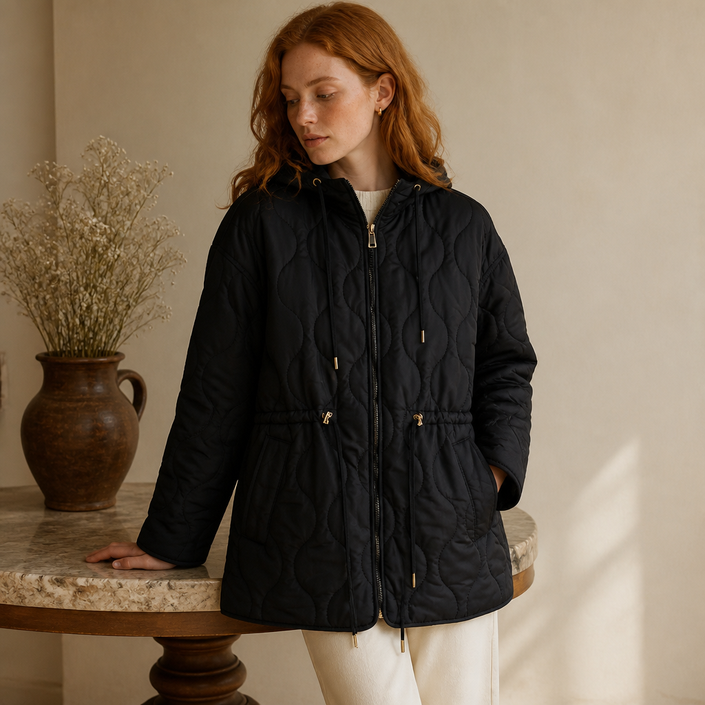 ETJ 2025 winter new women's fashion vertical collar tie up hooded waist quilted jacket light warm loose cotton jacket, éditorial