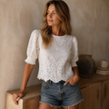 French White Eyelet Lace Blouse Women, Summer Puff Sleeve Loose Top, éditorial