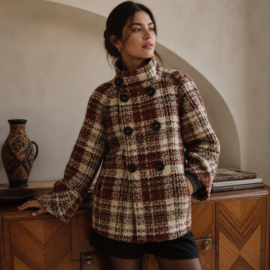 Warm Checkered Turtleneck Shoulder Straight Coat Women Double Breasted Full Sleeve Middle Long Coat Lady Autumn Winter Chic Coat, éditorial