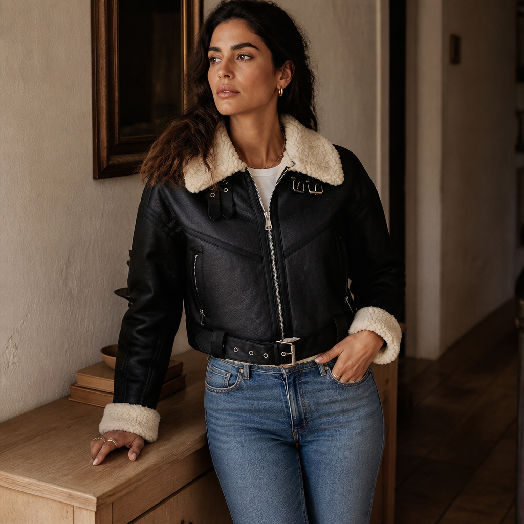 Ailegogo Winter Women Streetwear Faux Lamb Leather Fur Short Jacket with Belt Moto Biker Thick Warm Sheepskin Coat Outwear, éditorial