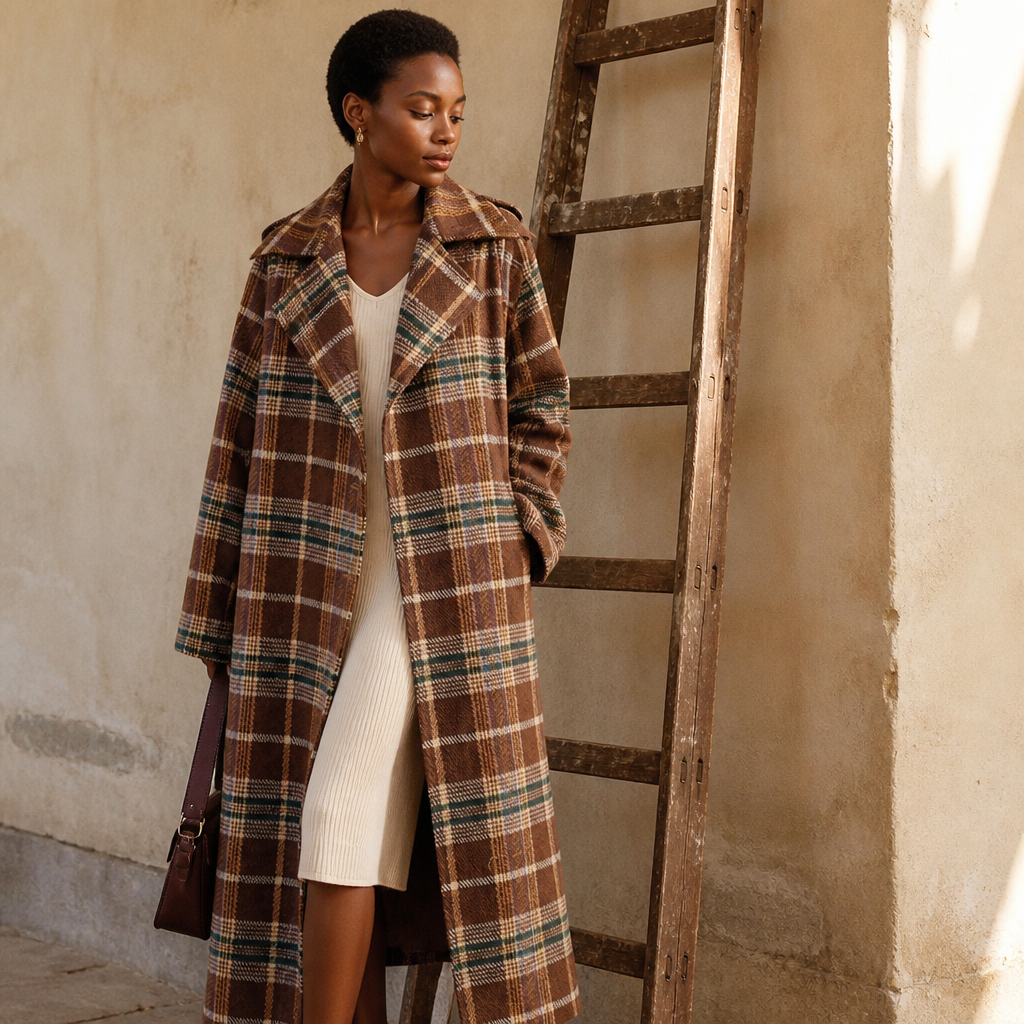 Vintage Plaid Tweed Long Woolen Coats Women Winter New Loose Wool Blend Thicken Jackets Korean Warm Cotton Padded Lined Casacos, éditorial