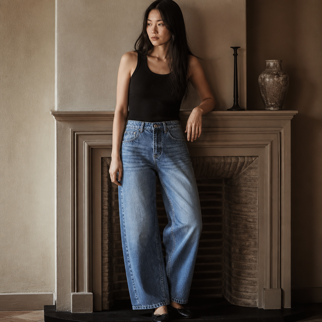 European and American style 2025 winter new women's clothing mid waist balloon version sickle bending knife jeans, éditorial
