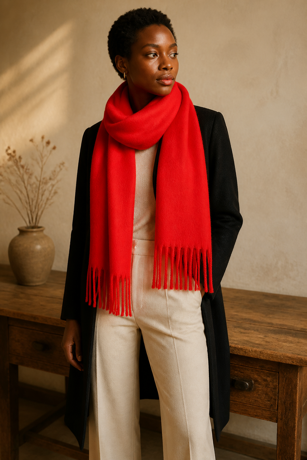 Écharpe rouge à franges, éditorial