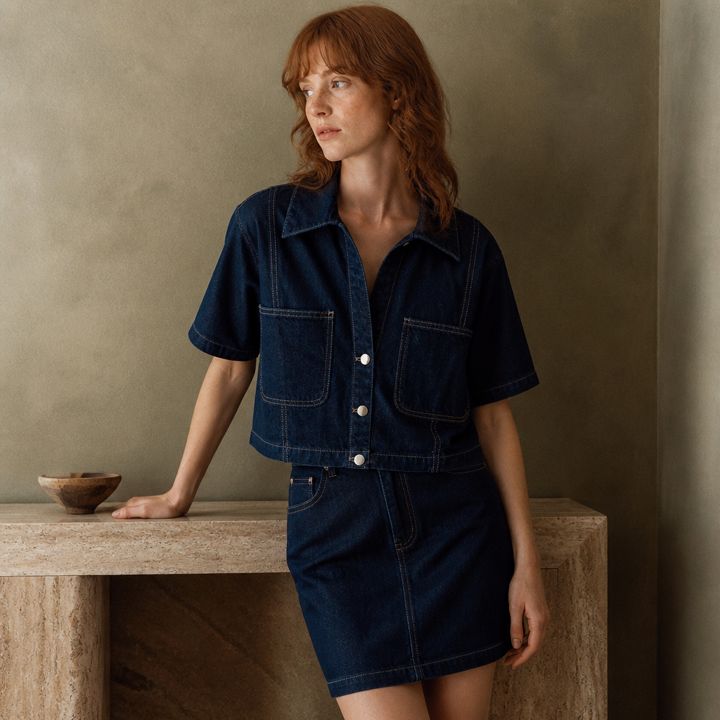 Willshela Women Fashion With Pockets Denim Blue Single Breasted Crop Blouse Vintage Lapel Neck Short Sleeves Female Lady Shirts, éditorial