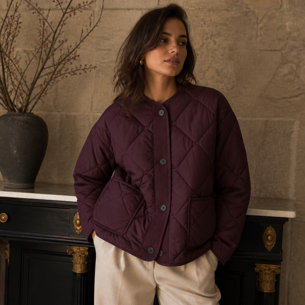 2025 Autumn New Product Women's Casual Round Neck Pocket Decoration Waterproof Diamond Grid Cotton Jacket Coat, éditorial