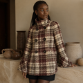 Warm Checkered Turtleneck Shoulder Straight Coat Women Double Breasted Full Sleeve Middle Long Coat Lady Autumn Winter Chic Coat, éditorial