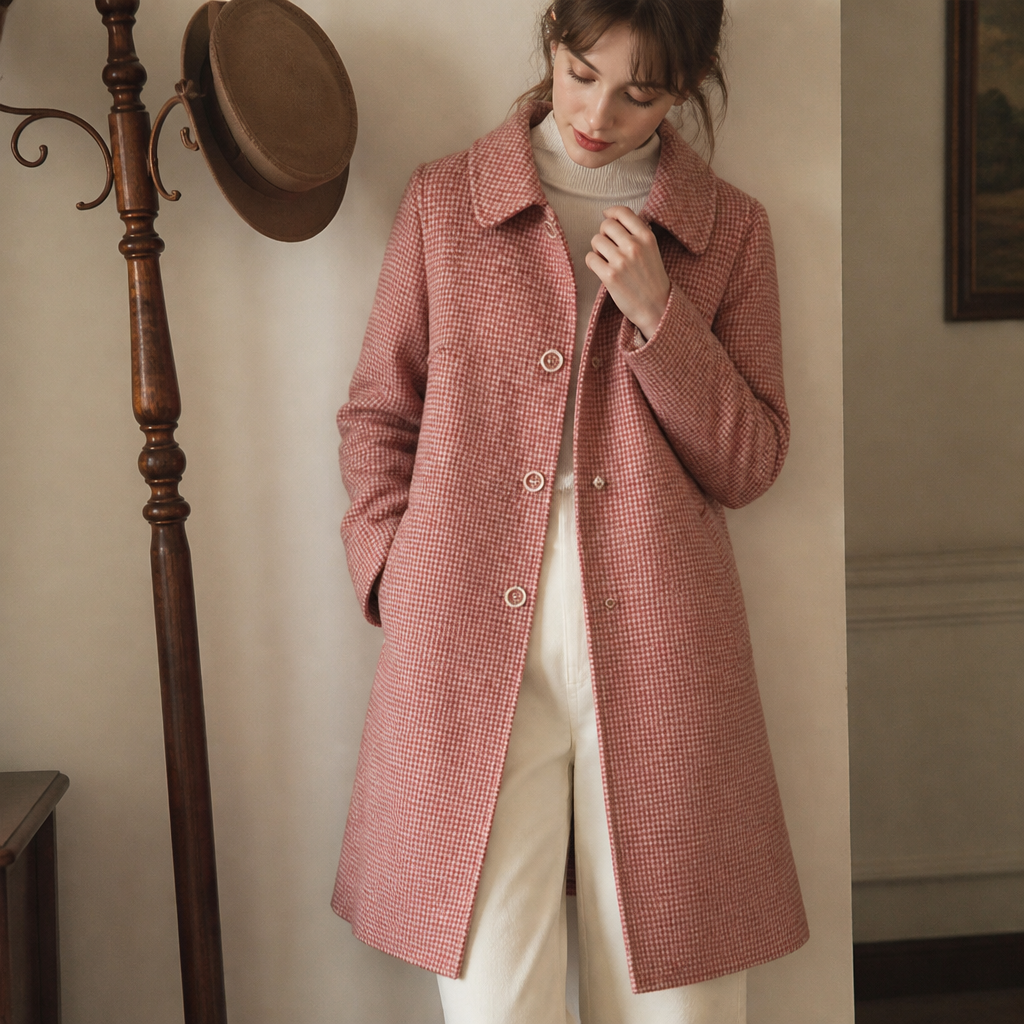 New Women Jacket Winter Woolen Coat Elegant Turn Down Collar Plaid Long Woolen Coat Single-breasted Warm Coat Casaco Feminino, éditorial