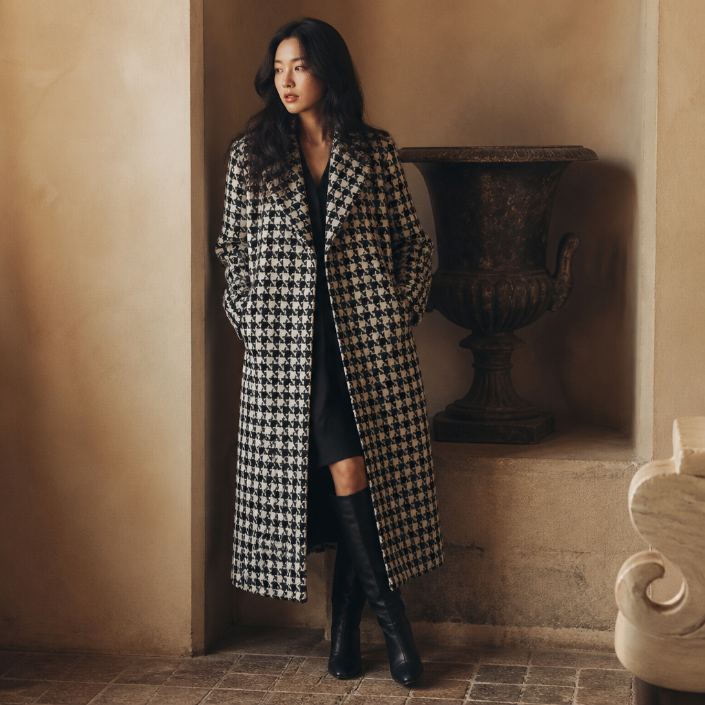 Women Autumn Winter Woolen Coat 2025 New Women Double Breasted Coat Korean Houndstooth Mid-Length Woolen Coat Lady Winter Jacket, éditorial