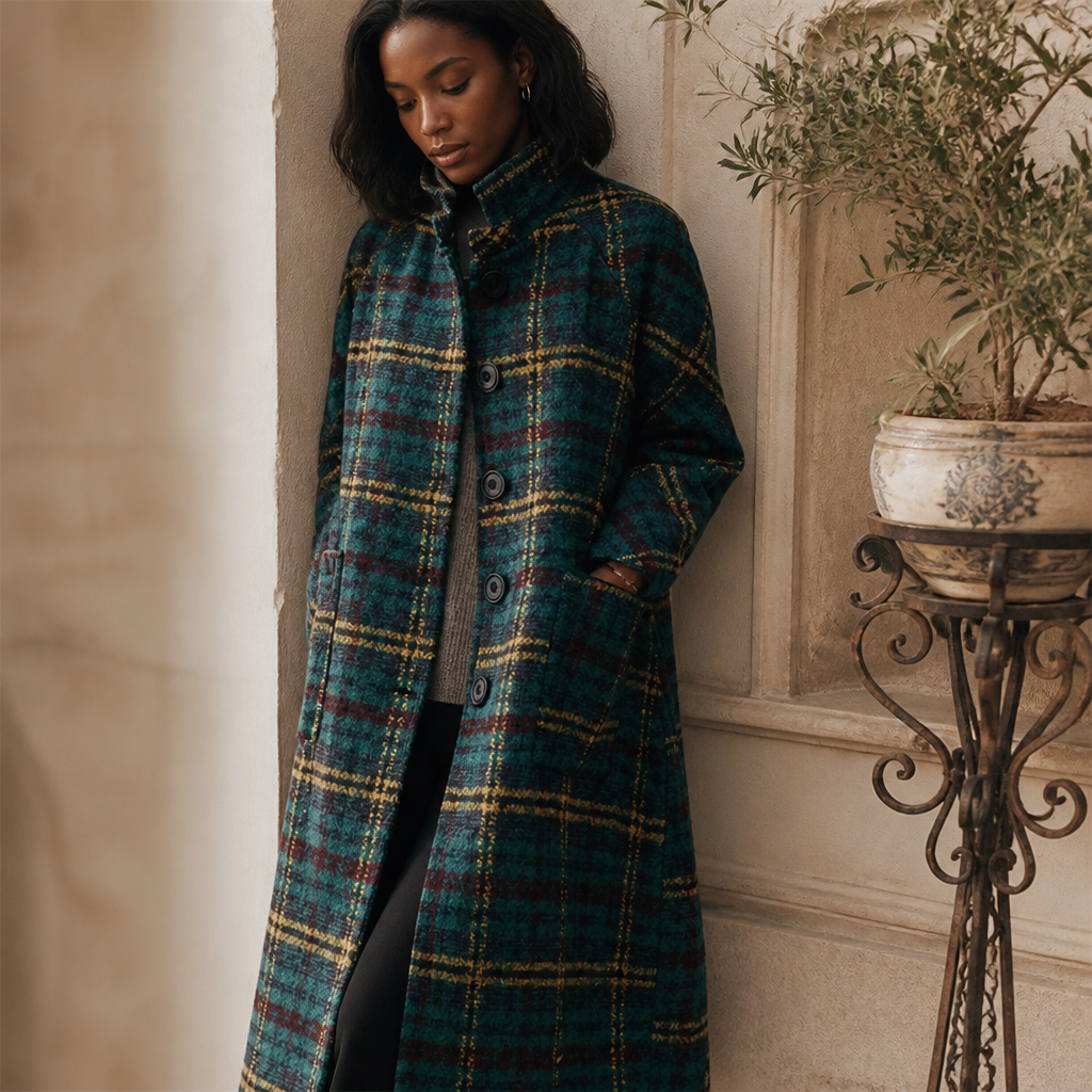 Retro Woolen Coat Women's Mid length 2026 Autumn/Winter New Loose Thickened Loose Plaid Coat Slim Women's Coat Spliced Commuter, éditorial