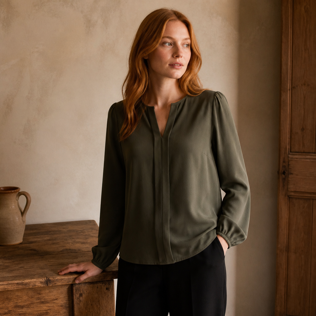 Gadinus Women Solid Color Round Neck Long Sleeve Blouse Loose Fit Casual Office Shirt Elegant Lantern Sleeve Top, éditorial