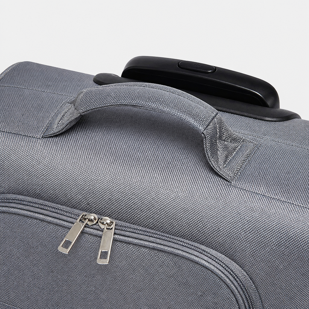 Valise cabine souple grise, gros plan studio gris