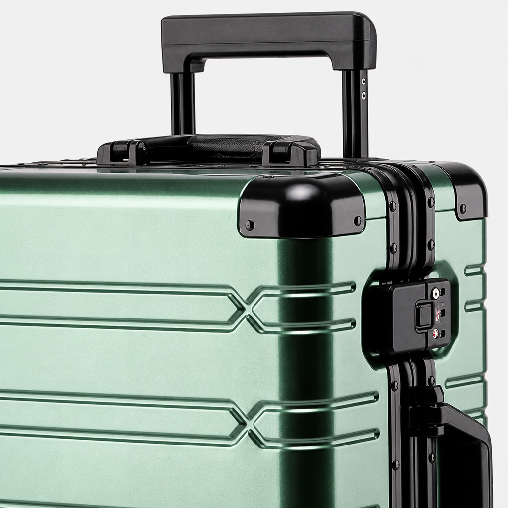 Valise cabine en aluminium verte, gros plan studio gris