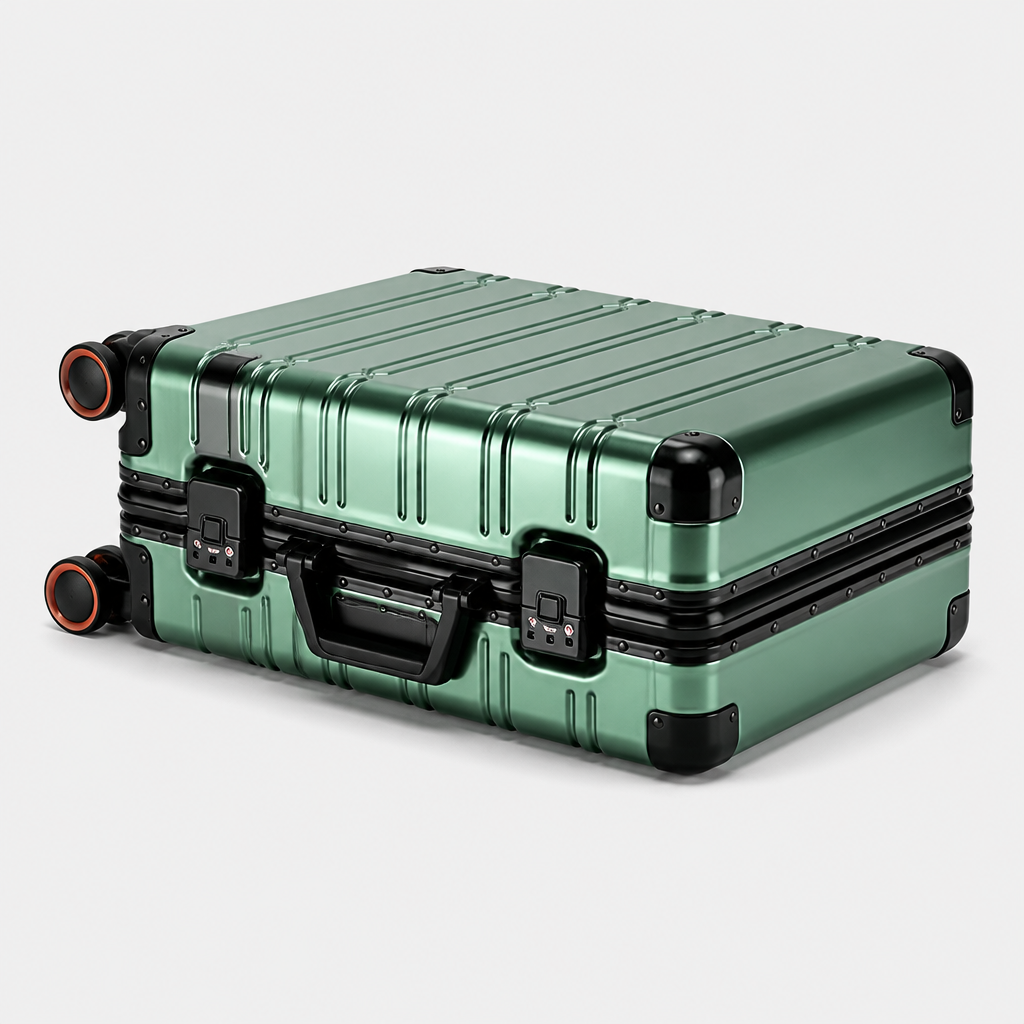 Valise cabine en aluminium verte, sol studio gris
