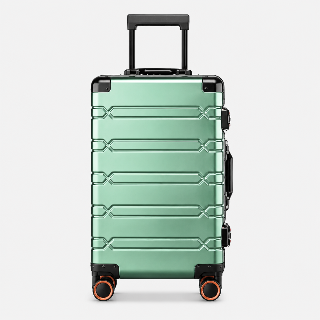 Valise cabine en aluminium verte, face studio gris
