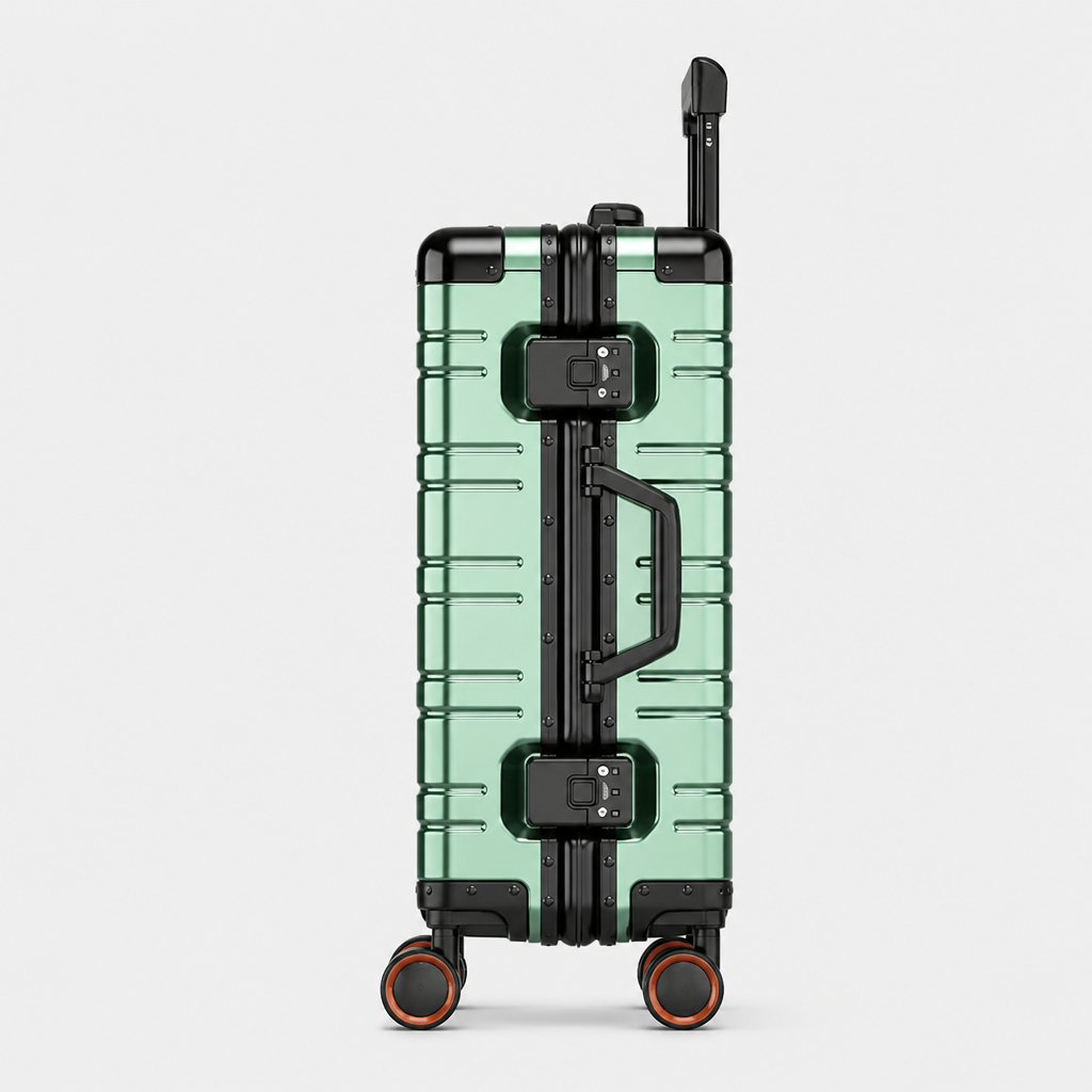 Valise cabine en aluminium verte, profil studio gris