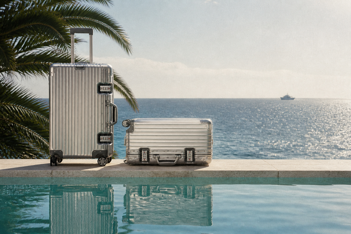 Valises cabine et soute aluminium argent, terrasse piscine face à la mer