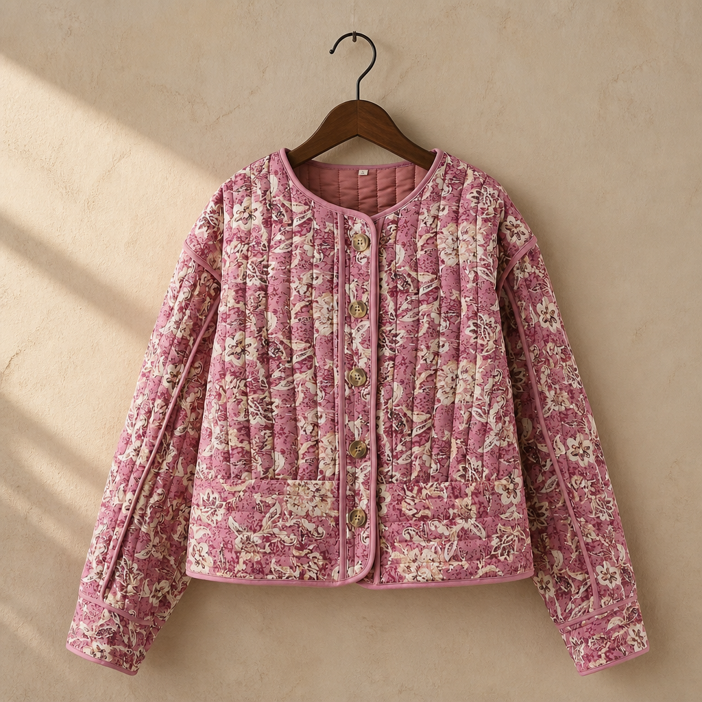 Women's Cropped Puffer Jacket Floral Print Padded Quilted Coat Long Sleeve Lightweigt Vintage Padded Jacket Outerwear, isolé
