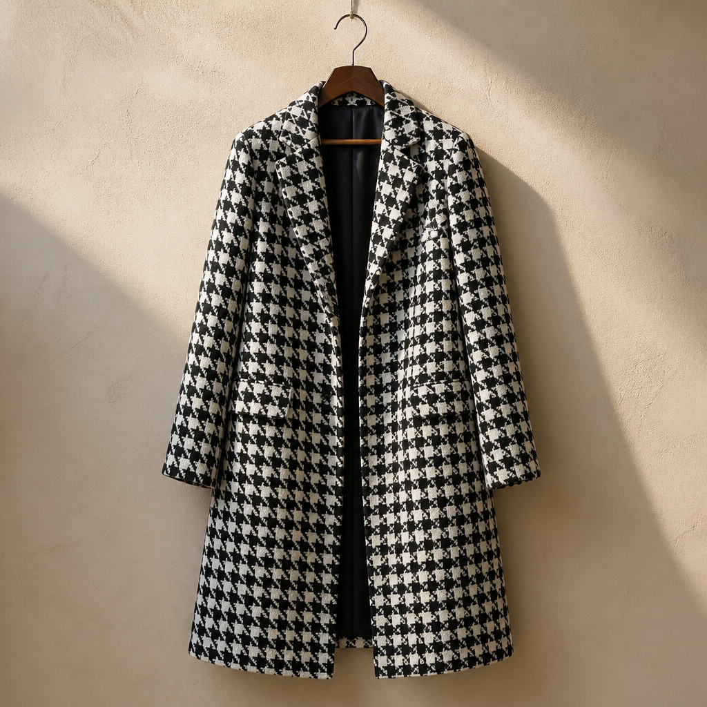 Women Autumn Winter Woolen Coat 2025 New Women Double Breasted Coat Korean Houndstooth Mid-Length Woolen Coat Lady Winter Jacket, isolé