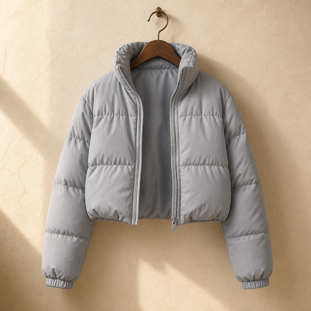 Doudoune courte zippée gris perle, isolé