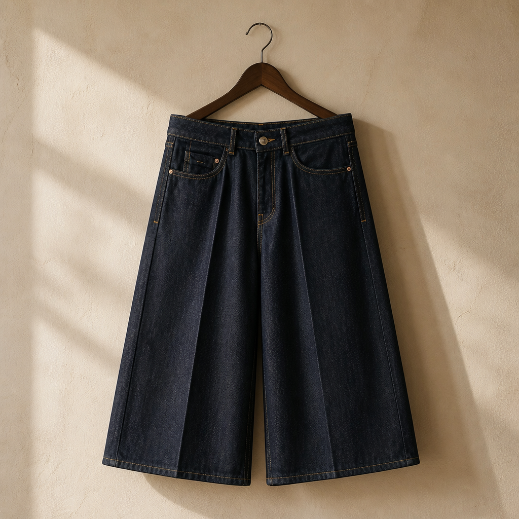 Women's Denim Long Casual Shorts Spring Summer Mid-waist Zipper Pockets Wide Leg Fashion Simple Loose Female Calf-Length Pants, isolé