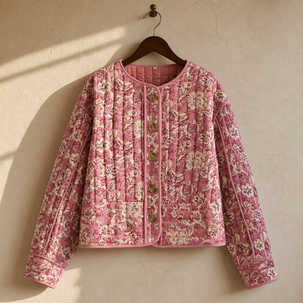 Women's Cropped Puffer Jacket Floral Print Padded Quilted Coat Long Sleeve Lightweigt Vintage Padded Jacket Outerwear, isolé