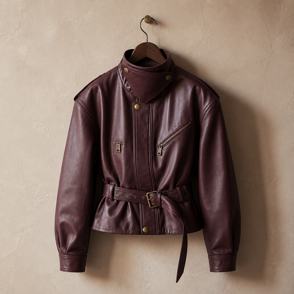 Vintage Women's Leather Jacket Stand Collar Pocket Short Coat Retro Waistband Zipper Outwear 2025 New Autumn Winter Lad Jackets, isolé