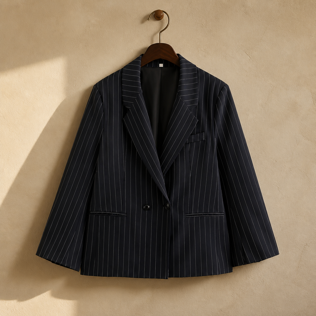 BSAY Blazers for Women Fashion Autumn Winter Loose Fine Stripes Long Sleeve Double-breasted Suits Jacket Chic Female Suit Coat, isolé