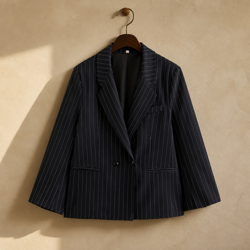 BSAY Blazers for Women Fashion Autumn Winter Loose Fine Stripes Long Sleeve Double-breasted Suits Jacket Chic Female Suit Coat, isolé