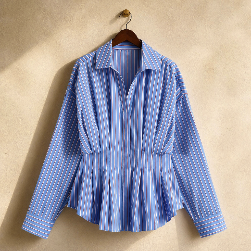 2026 summer new women's casual versatile waist pleated striped poplin lapel long sleeved shirt, isolé
