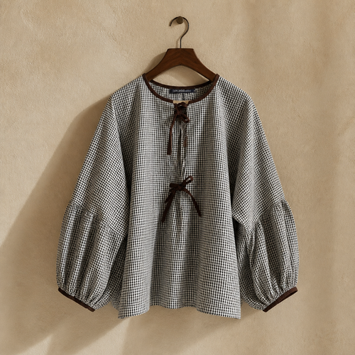 ZANZEA Women Plaid Printed Blouse Fashion Lace Up Shirts Holiday Sweety O-neck Long Sleeve Tops Casual Autumn 2024 Bowtie Tunics, isolé